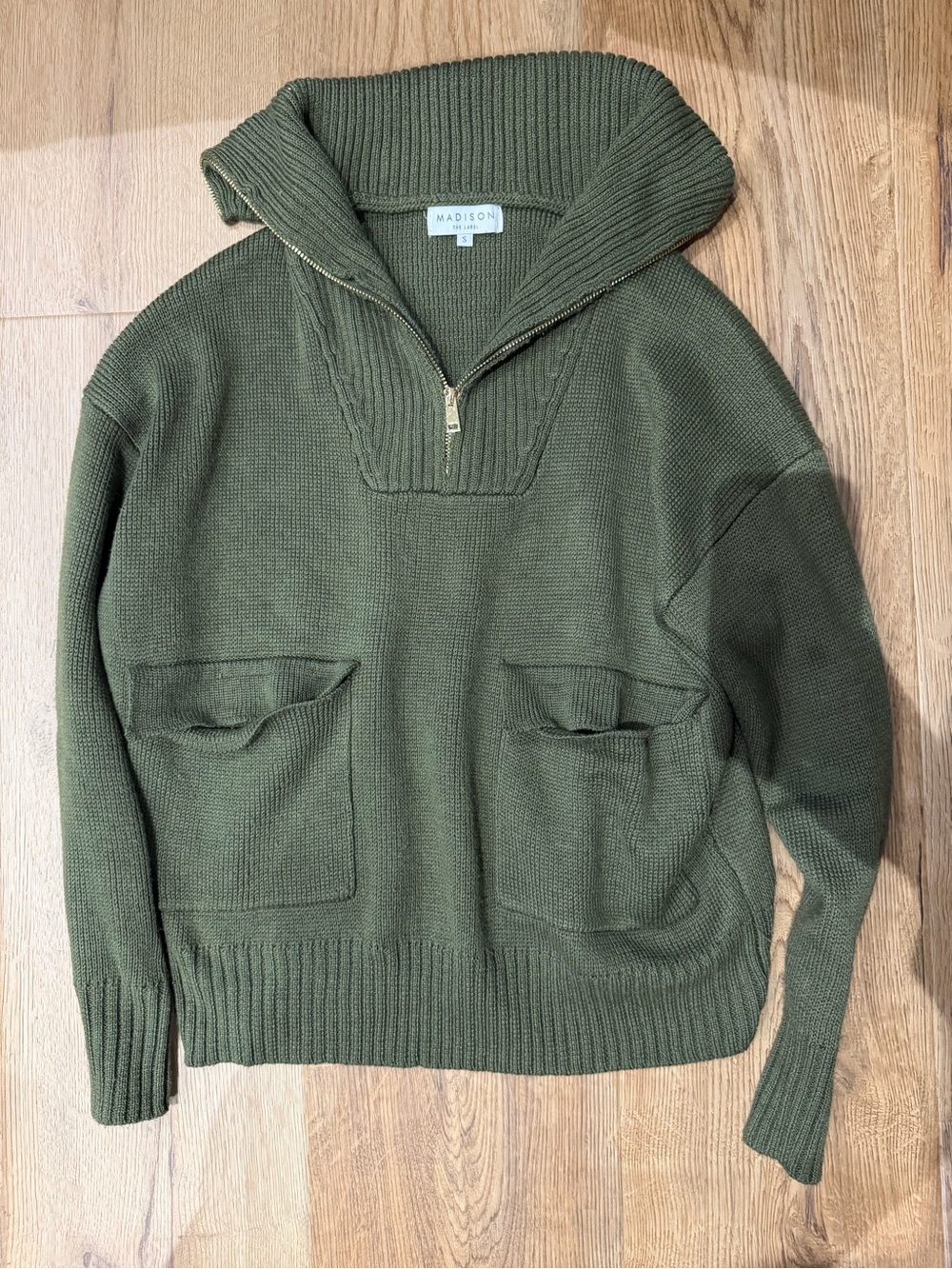 Madison Olive Shawl Collar Half-Zip Knit Pullover